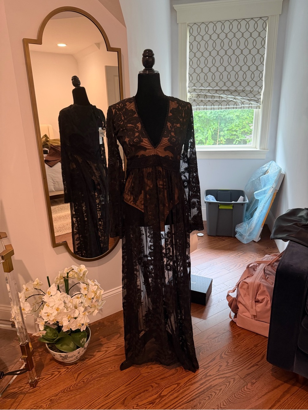 For Love and Lemons Black Sheer Lace Long Robe